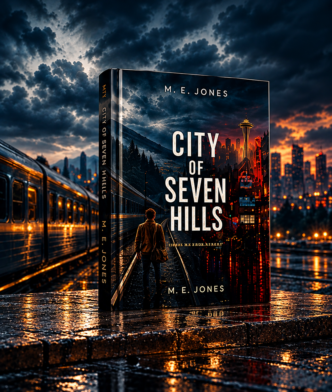 The City of Seven Hills by M. E. Jones on a rain-soaked Seattle railway platform