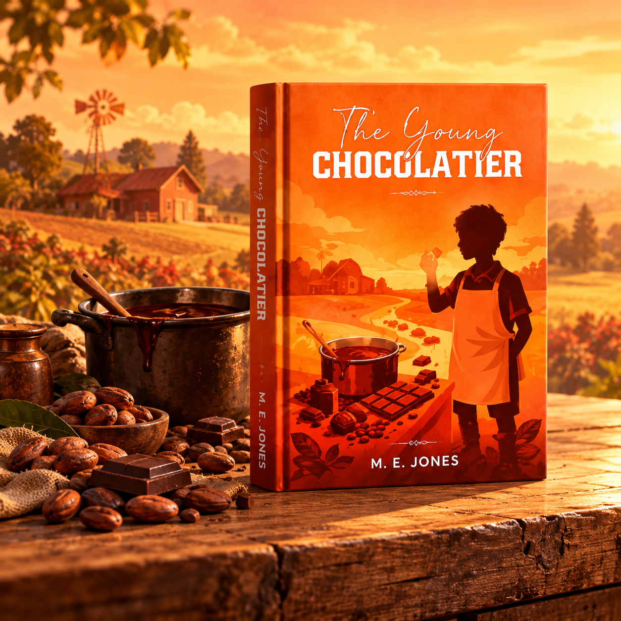 The Young Chocolatier by M. E. Jones surrounded by chocolate in the sunlit countryside