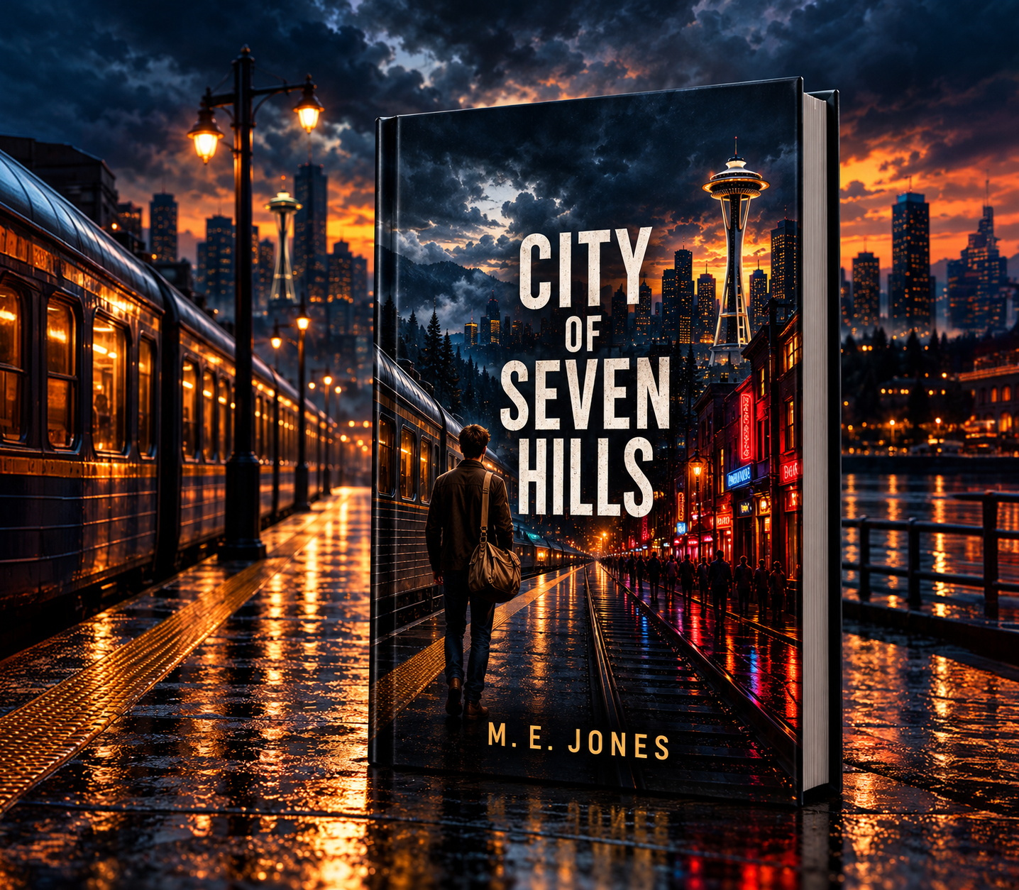 The City of Seven Hills on a rain-soaked railway platform beneath the city skyline