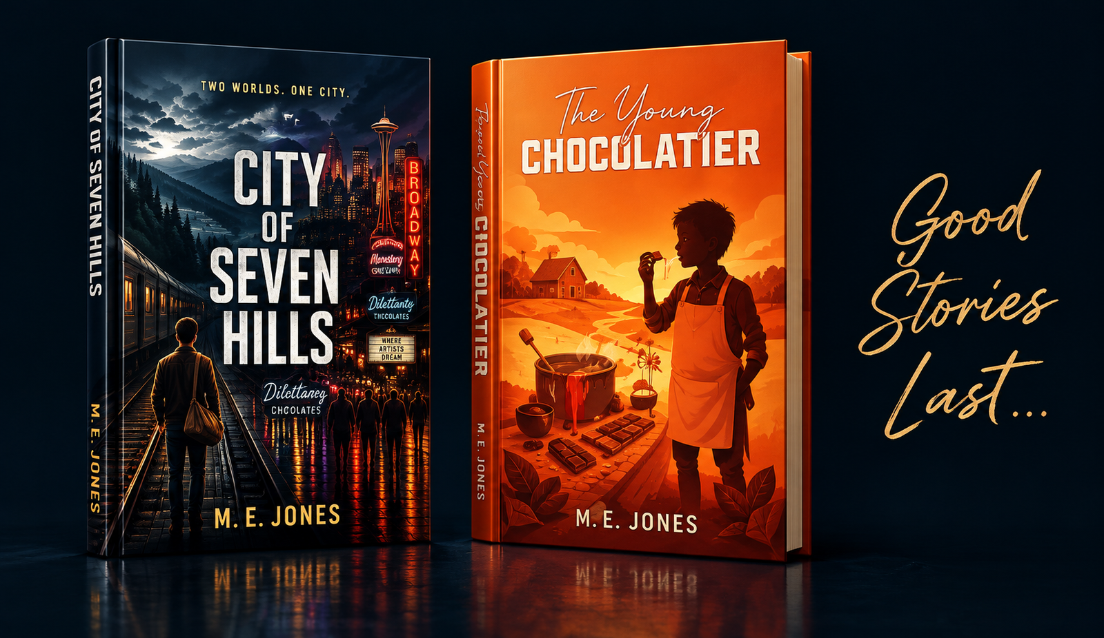 The two books with the handwritten words Good books last…