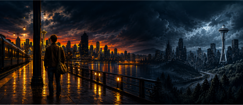 A young man on a rain-soaked railway platform, looking toward the city skyline